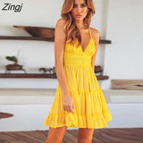 Solid Women's Summer Sleeveless V Neck Backless Mini Dress Evening Party Beach Dress Sundress Open Back Lace Bow