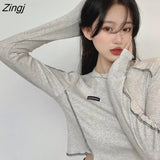 Sleeve T-shirts Women Patchwork Smiple Slim Asymmetrical Crop Top Spring College Streetwear Design Ladies Sexy Retro