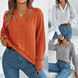 Shooting 2025 Autumn And Winter Leisure Hollow V-Necked Lantern Sleeve Sweater Women's