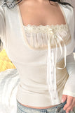 Vintage Fashion Square Neck Lace Patchwork Y2K Autumn T-shirts for Women Crop Tops Bow Cute T shirt Aesthetic