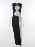 See Through Midi Dress Patchwork Mesh Partywear Elegant Sexy Long Sleeve Christmas Nightwear Lady New Year Tank