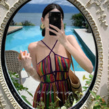 Zingj Color Stripe V-Neck Sling Dress Summer New Sexy Backless Seaside Holiday