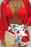 Summer 3 Piece Set Outfits Women Fashion Sexy Beach Style Printed Suspender Shirt Shorts Suit Three Piece Set