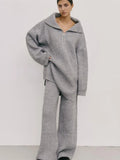 Simple High-End Solid Color Set Women's Autumn And Winter Half Zipper Sweater Knit Straight Trousers Two