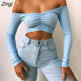 Women's Long Sleeve T-shirt Summer Fashion Casual Sexy Off Shoulder Solid Color Umbilical Exposure Sexy