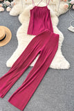 Women Pleated Set Sexy Spaghetti Strap Camis Tops + High Waist Wide Leg Loose Pants Casual Red/Yellow/Brown Suits