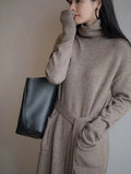 Loose Thick Winter 2023 Turtleneck Knitting Sweater Midi Dress for Women Long Sleeve Lace Maxi Dresses Oversize