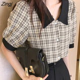 Plaid Shirt Women Summer Loose Single Breasted Short Sleeve Blouses Ladies Korean Casual Turn-Down Collar Chiffon