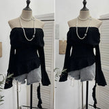 The Ballet Style Shoulder Fold Texture Texture Coat Irregularly Ribbon Horn Sleeve Short Shirt