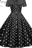 Polka Dot Print Women Summer Dress Short Sleeve Striped Bow Elegant Vintage Pin Up 50s Party Dress