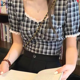 Women Plaid Summer Lace Leisure Short Sleeve Slim Female Top All-match Square Collar Stylish Daily Student Korean