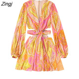 Women Vintage V Neck Cashew Nuts Floral Print Chiffon Mini Dress Female Chic Long Sleeve Twist Hollow Out Vestidos