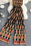 Bohemian Women Printed Jumpsuits Female Sexy Slash Neck Off Shoulder High Waist Wide Leg Loose Romper Vacation Beach