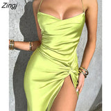 Sexy Backless Bandage Slip Lady Slim Shirring Bodycon Solid Asymmetrical Midi Skirt Spring Summer 2023 Fashion