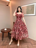 Gentle Wind And Rags Retro Tea Chiffon Dress Female Waist Temperament Shoulder Bubble Sleeve Mesh