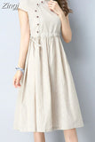 Vintage Cotton And Hemp Green Apricot blue Striped Short Sleeve Women Dress Summer Casual Loose Mid-Calf Lady Dress 4960