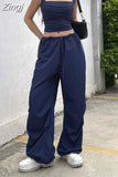 Streetwear Drawstring Low Waist Casual Blue Women's Pants Harajuku Baggy Trousers Hip Hop Wide Leg Capris Summer