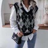 Pullover Rhombus V-neck Casual Loose Knitted Sweater Women's