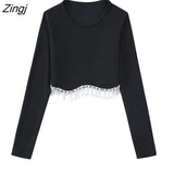 Women Fashion O Neck Black White Color Knitting Short Blouse Female Hem Diamond Tassel Slim Shirt Chic Blusas Tops
