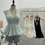 Retro Hanging Neck Tie With Bare Back Sling Skirt Folded Short Sleeveless Top Woman