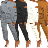 Women Sets Autumn Winter New Solid One Shoulder Long Sleeve Top + Pants 2 Pieces Set Casual Sporty
