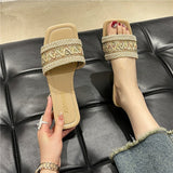 One-Size-In-One Flat-Bottomed Slippers Women's Famous Wind Woven Square Beach Cool