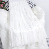 Pearl Pleated Tulle Skirt For Women Autumm Korean Irregular Beaded Wave Cut Elastic High Waist Mesh Pleated