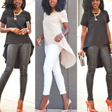 Women Solid Brief Long T-shirt Ladies O Neck Short Sleeve Casual Loose Chiffon Summer Irregular