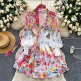 Famous Elegant Dress Woman 2025 Spring High-End Deep V Tie Ribbon Belt To Print Lotus Leaf Side