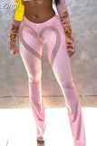 Pink Printed Chic Skinny Bandage Full-Sleeve Patchwork Short Tops&Sweet Hollow Mid-Waist Slim Yoga High Street