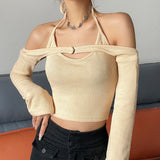 Zingj Pure Desire Wind Hot Girl Women's Sexy V Neck Hanging Neck Exposed Back Strap Vest One Word Collar Long Sleeve Vest