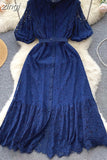 Women Lace Party Long Dress Vintage O-Neck Puff Short Sleeve High Waist Single Breasted A-Line Elegant Vestidos