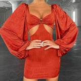 Clubwear Cut Out Casual Lantern Long Sleeve Women Mini Dress Circle Elegant Summer Sexy Bodycon Mini Vestidos