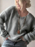 Glutinous V-Neck Long-Sleeved Sweater Woman 2025 Autumn And Winter Cover Solid Color Lazy Wind Loose Knitted Shirt