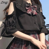 Lolita Blouses Women Summer Sexy Off Shoulder Peter Pan Collar JK Shirts Tops Japanese Preppy Style Kawaii Blusas