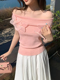 Xixi 2025 Summer New Korean Version Of The Flower Temperament Word-Collar Ice Silk Knitted Women's Top