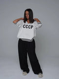 New Fashion Collar Hollow Knitted Shirt Women CCCP Letter Embroidery Casual Style