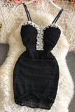 Women Black Sexy Bodycon Party Dress Elegant Beading High Waist Sleeveless Spaghetti Strap Mini Vestidos Female