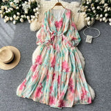 Temperament Elegant Dress Women's High-End Lantern Sleeves To Close The Waist Thin V-Neck Print Lotus Leaf Side