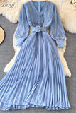 Embroidered Pleated Long Dress Vintage V-Neck Lantern Sleeve High Waist Draped Maxi Vestidos Female 2023