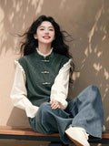 Chinese Green Fake Two-Piece Buckle Long-Sleeved Shirt Woman In The Spring Of 2025 New National Style Unique Special