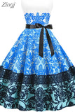 Women Elegant Floral Print Midi Dress Summer Vintage Casual Sleeveless High Waist Party Sundress With Belt