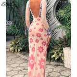 Print Sexy Backless Mesh Women Dress Apricot See Through Long Sleeve Dress Female Summer Skinny Elegant Streetwear