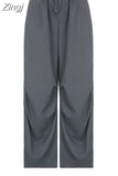 Streetwear Oversize Drawstring Hippie Tech Low Waist Parachute Pants Female Harajuku Solid Ruched Wide Leg