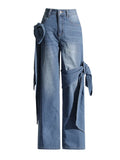 Vintage Old Leisure Trousers 2025 New Niche Splicing Bow Design High-Waist Straight Jeans Female