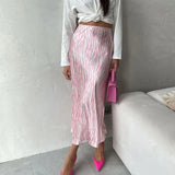 Pink Printed Satin Midi Straight Skirt- Outfit