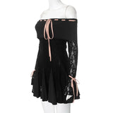 Black Off-Shoulder Lace Sleeve Mini Dress- Outfit