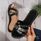 Snake-Print Flat-Bottomed Slippers Women Rivet Leopard-Print Beach Cold