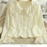 Lace Splicing Peter Pan Collar White Shirt Women Korean Pearl Button Blouses Elegant Office Work Long Sleeve Blusas