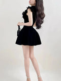 Ruffle Sleeve High Neck Velvet Black Mini Dress-Outfit